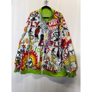 Born Fly Reversible Graffiti Bomber Jacket Mens Lime Green Streetwear 2002